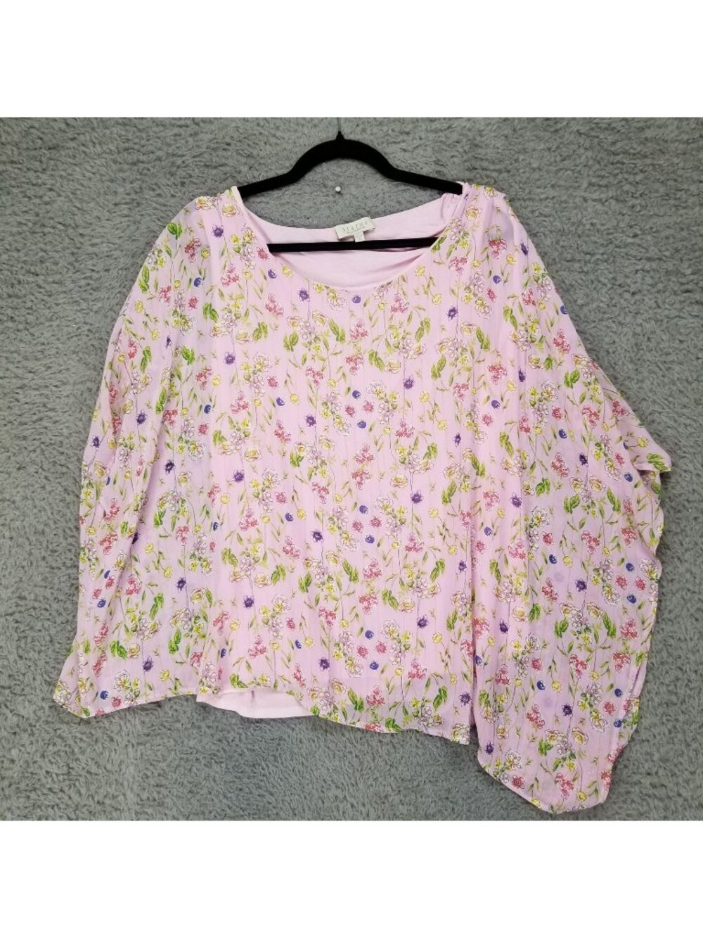 Status Top Womens 2X Pink Floral Sheer Layered Kaftan Sleeve Blouse